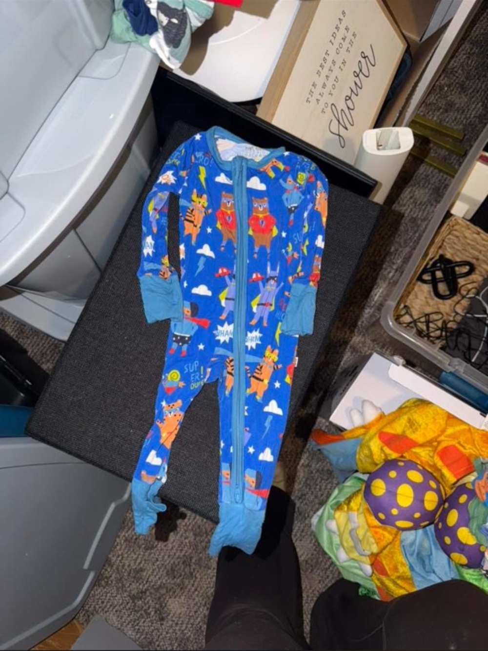 Little Sleepies Blue Superhero Print Footed Pajama One-Piece